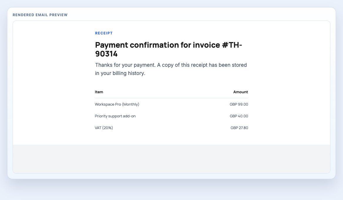 Receipt Line Items rendered email block preview