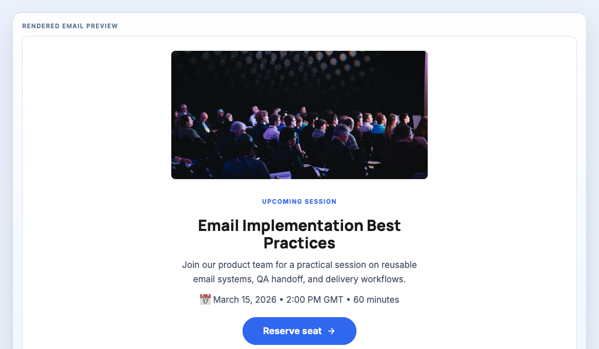 Webinar Event Card rendered email block preview